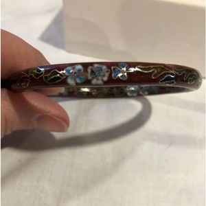 Lovely Vintage Cloisonné Bangle Bracelet. Burgundy with Blue Violets Asian 1970s
